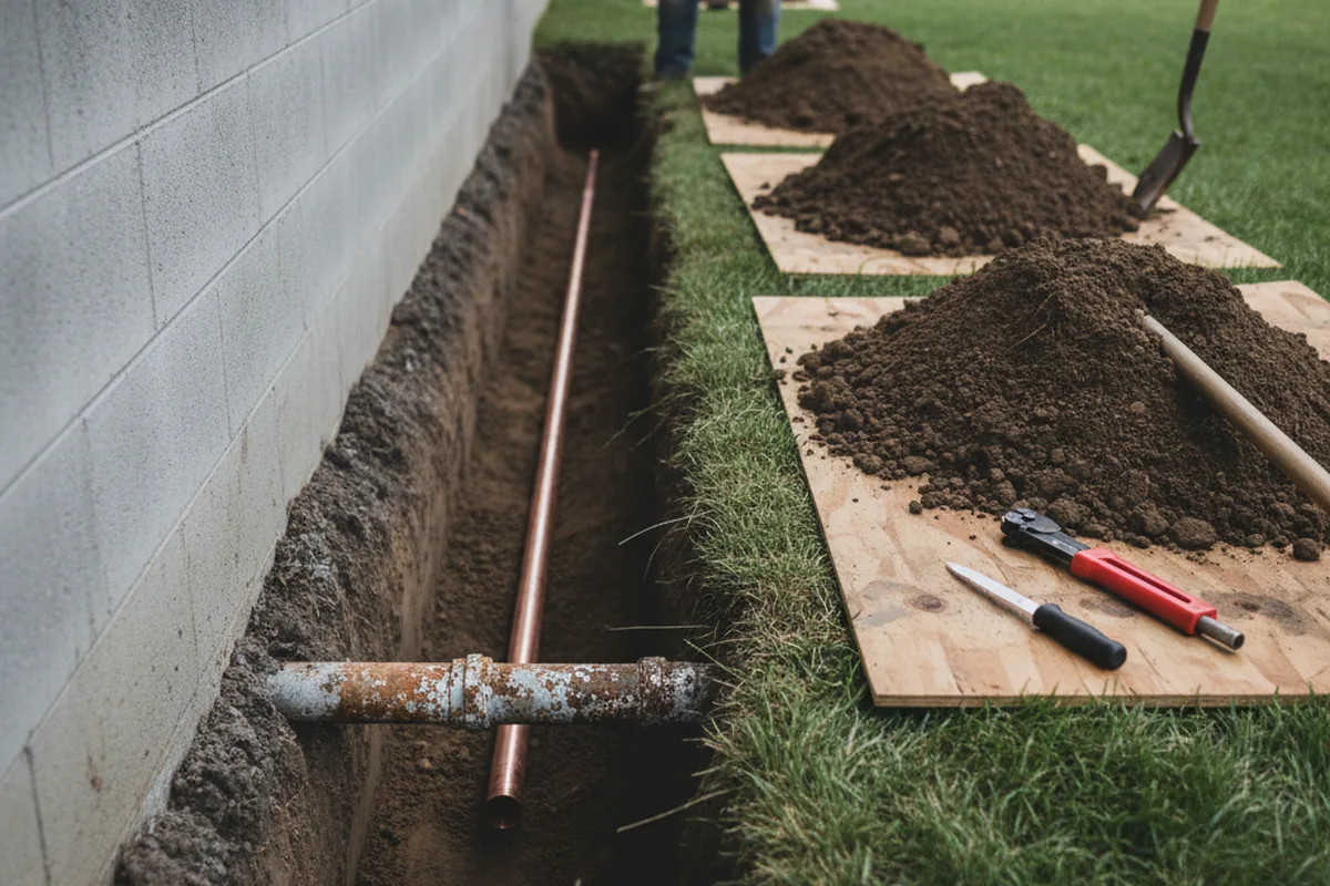 Excavated water line trench during Water Softener Installation in Milltown